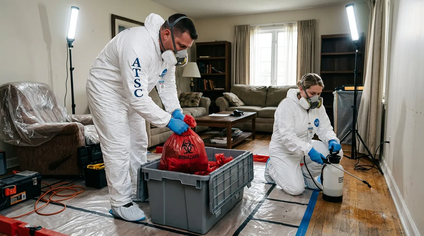 Professional Biohazard Cleanup technician in full PPE working in Fountain Hills